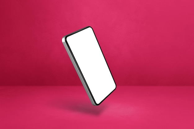 Schwebendes Smartphone isoliert auf rosa horizontalem Hintergrund