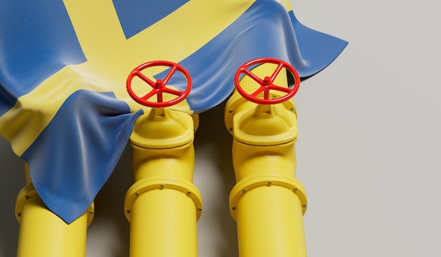 Schweden-Flagge, die eine Öl- und Gas-Kraftstoffleitung abdeckt Konzept der Ölindustrie 3D-Rendering