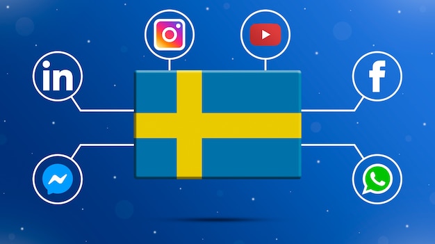 Schweden-Flagge mit Social-Media-Logos 3d