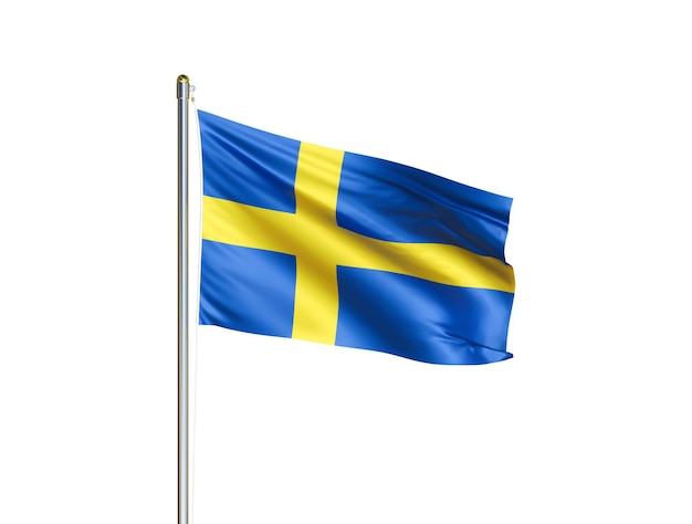 Schweden Nationalflagge weht in isoliertem weißem Hintergrund Schweden Flagge 3D-Darstellung