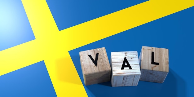 Schweden Wahlkonzept Holzblöcke und Landesflagge 3D-Illustration