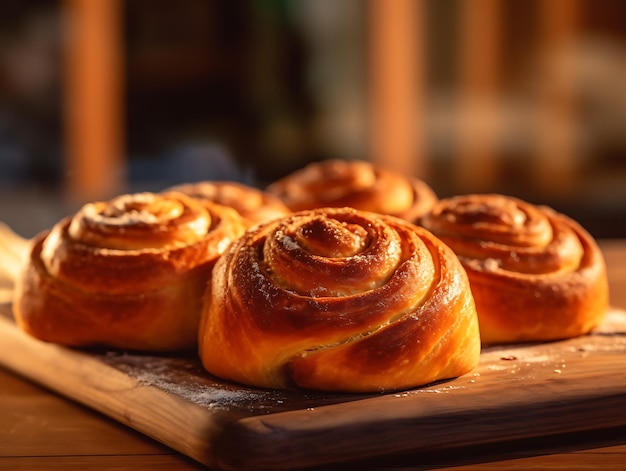 Schwedische Zimtbrötchen auf hölzernem Hintergrund Close Up Ai Generative