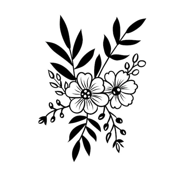 Schwedischer Blumenstrauß svg-Vektor-Stil Blumencluster mit Blättern und Blüten einfache schwarze Linien