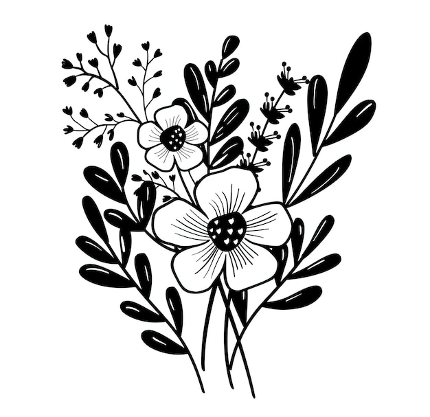 Schwedischer Blumenstrauß svg-Vektor-Stil Blumencluster mit Blättern und Blüten einfache schwarze Linien