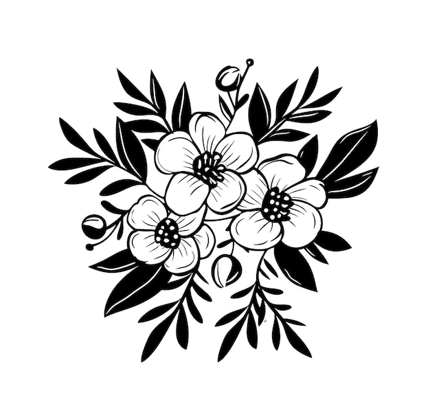 Schwedischer Blumenstrauß svg-Vektor-Stil Blumencluster mit Blättern und Blüten einfache schwarze Linien