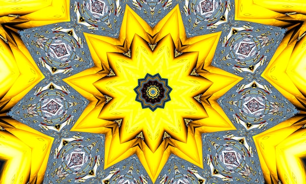 Schwefelgelbes Kaleidoskop. Nahtloser Hintergrund aus natürlichem Schwefelmineral. Höllen-Pentagramm.