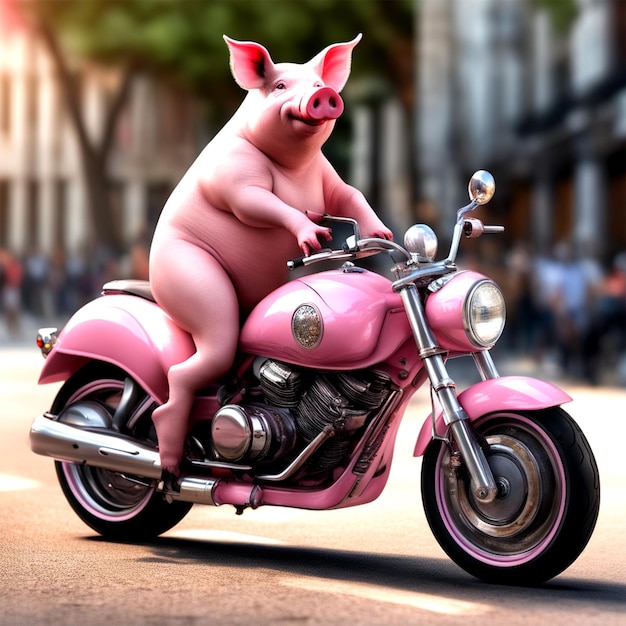 Schwein fährt rosa Motorrad rosa Schwein im weißen Lederkleid pure Perfektion göttliche Präsenz