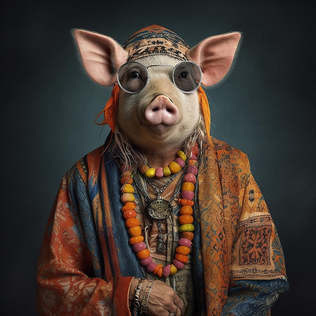 Schwein im Boho-Bohemien-Mittelalter-Hippie-Outfit mit surrealen Perlen