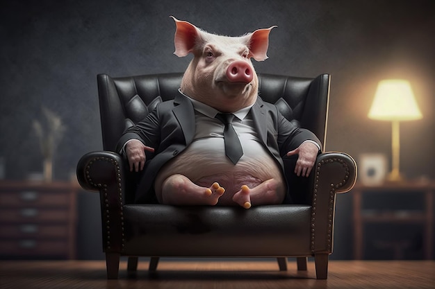 Schwein im edlen Anzug sitzt im Chefsessel Generate AI