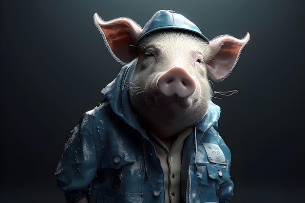 Schwein in einer blauen Jacke