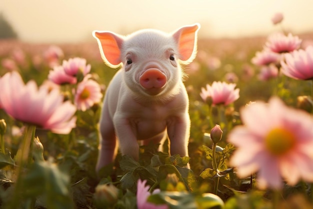 Schwein in einer Blumenwiese
