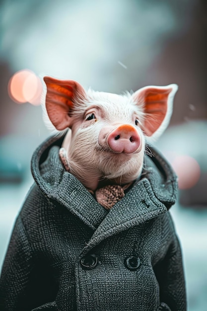 Schwein mit Schal draußen im Schnee Generative KI
