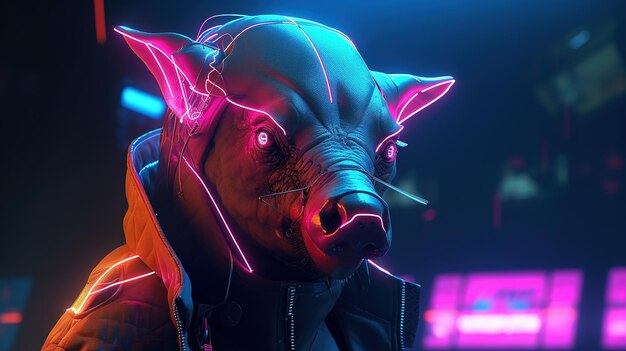 Schwein Neon Cyberpunk digitale Kunstillustration Generative KI