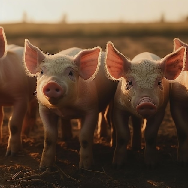 Schweine auf einem Bauernhof bei Sonnenuntergang