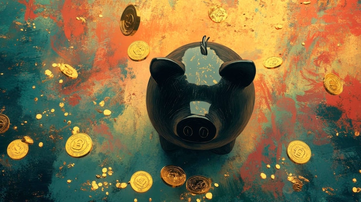 Foto schweinebeutel umgeben von münzen auf abstraktem hintergrund
