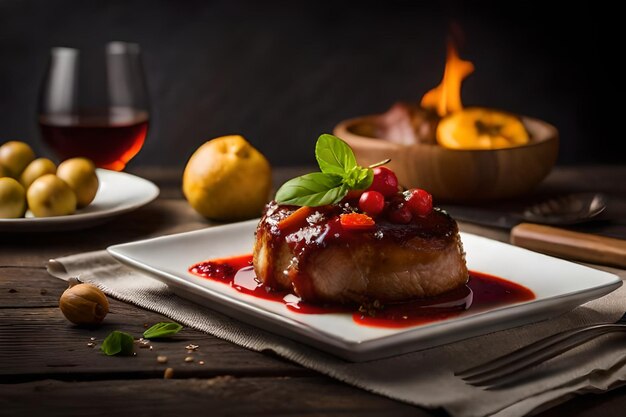 Schweinefleisch gebacken mit Quince Vintage Holz selektiven Fokus