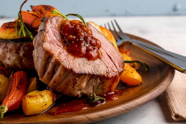 Schweinefleisch in Nahaufnahme Steak mit Gemüse auf dem Gericht