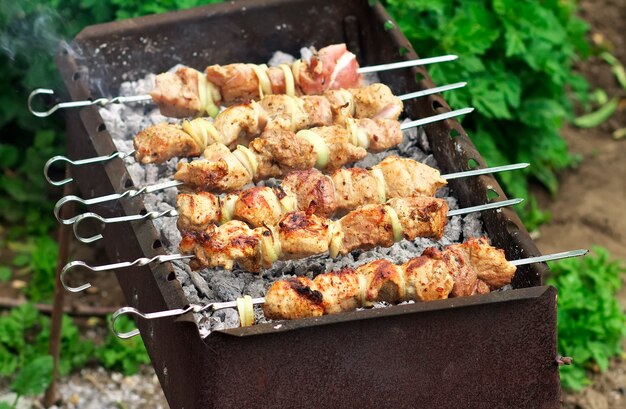 Schweinefleisch Shish Kebab auf Feuer. Appetitlich frisches Fleisch Schaschlik zubereitet auf einem Grill Holzkohle, outdor