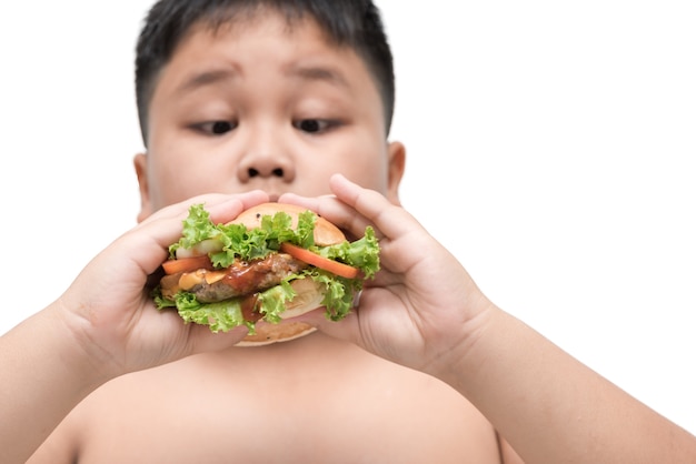 Schweinefleischhamburger auf beleibtem fettem Jungenhandhintergrund lokalisiert