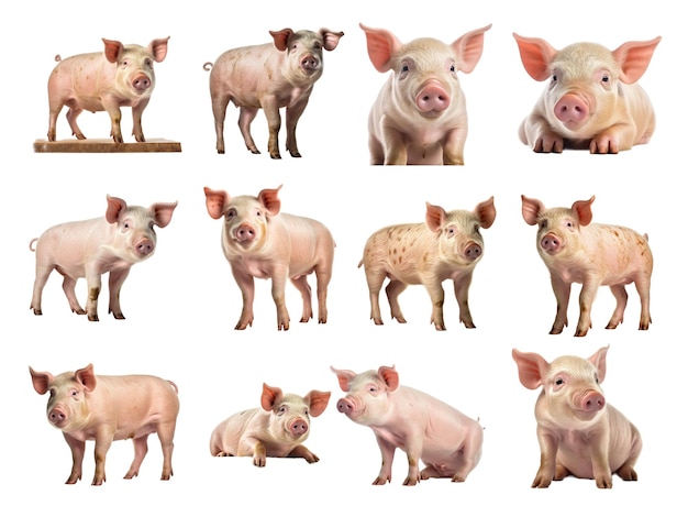 Schweinesammlung isoliert auf weißem Hintergrund mit KI-Generierung