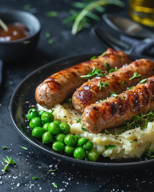 Schweinewurst, cremige Kartoffelpüree, Soße und grüne Erbsen auf schwarzem Teller auf grauem Hintergrund