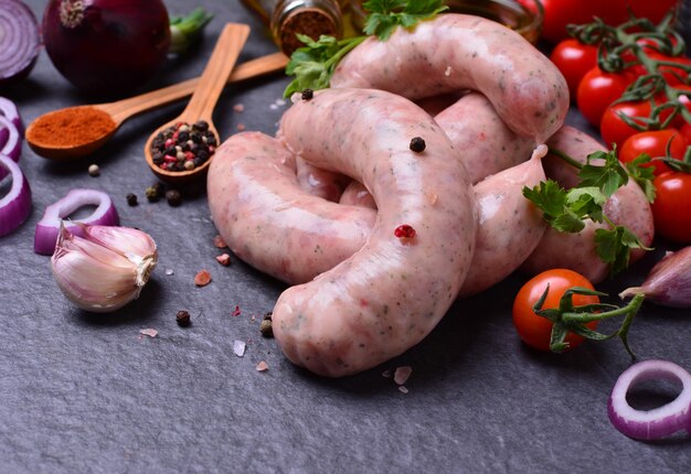 Schweinswürste mit Gewürzen und Gemüse