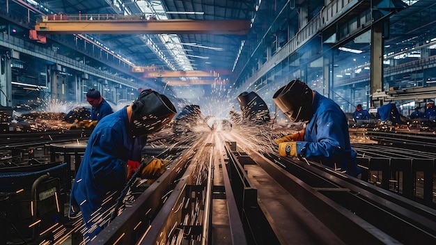 Schweißarbeiten mit Metallkonstruktionen in einer geschäftigen Metallfabrik
