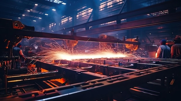 Schweißarbeiten mit Metallkonstruktionen in einer geschäftigen Metallfabrik