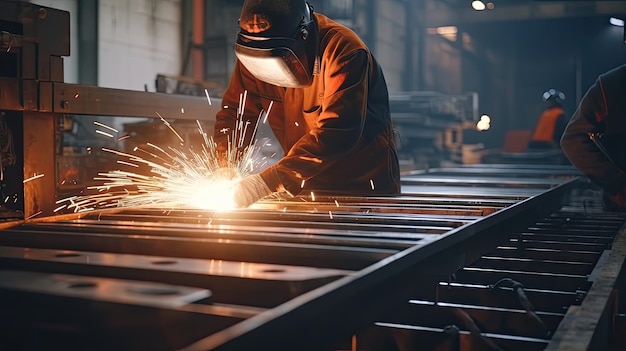Schweißarbeiten mit Metallkonstruktionen in einer geschäftigen Metallfabrik