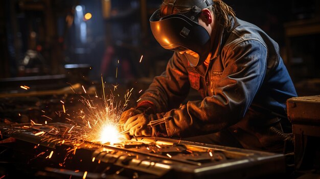 Schweißer, der in der Metallwerkstatt arbeitet