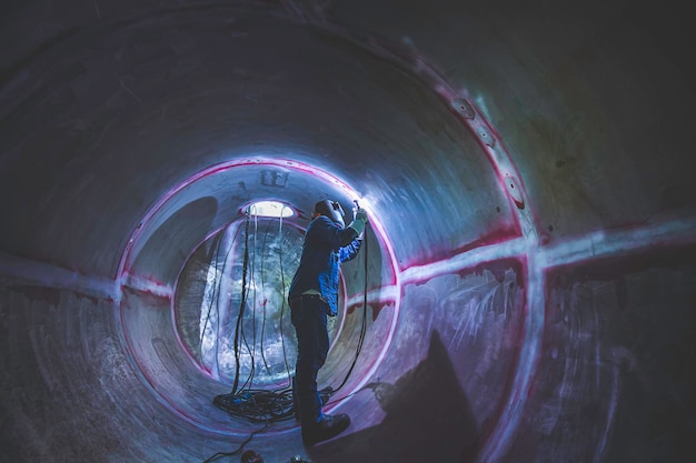 Schweißlichtbogen Argon Arbeiter männlich repariertes Metall schweißt Funken Industriebau Tank Edelstahlöl in engen Räumen.