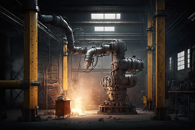 Schweißroboter in dunkler Fabrik mit Rohren und Maschinen Endansicht Industrie modern