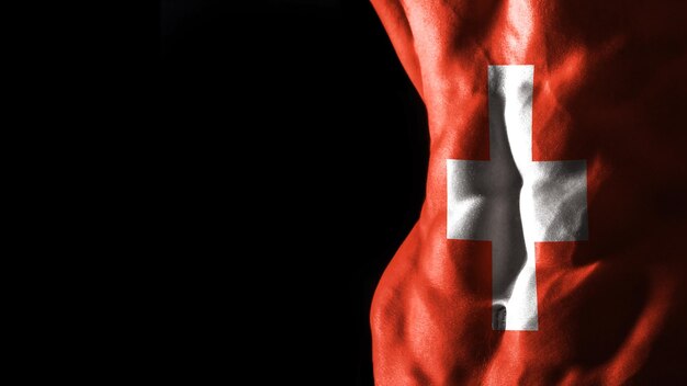 Schweiz-Flagge auf Bauchmuskeln Nationalsporttraining, Bodybuilding-Konzept, schwarzer Hintergrund