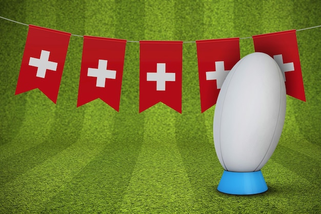 Schweiz-Flagge mit Rugbyball und Pitch 3D-Rendering