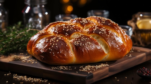 Schweizer geflochtenes Zopfbrötchen mit Sesamkörnern auf einem Holztisch. Selbstgemachtes Gebäck in Nahaufnahme, KI generiert