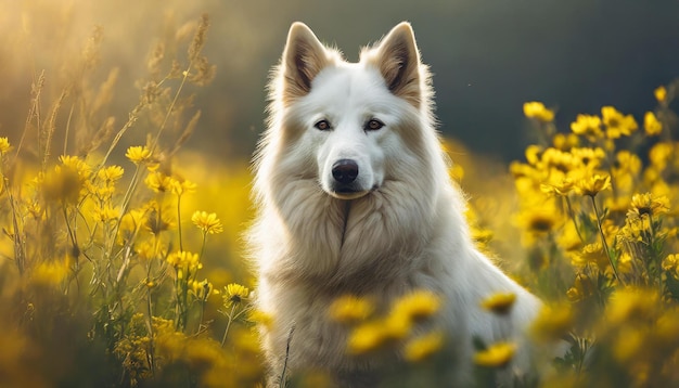 Schweizer Schäferhund auf dem Feld mit gelben Blumen Schöne Haustiere Haustiere verschwommene Hintergrund