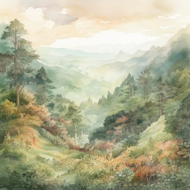 Schwenkansicht des üppigen magischen Waldes und der Berge. Aquarellkunst. Generieren Sie Ai