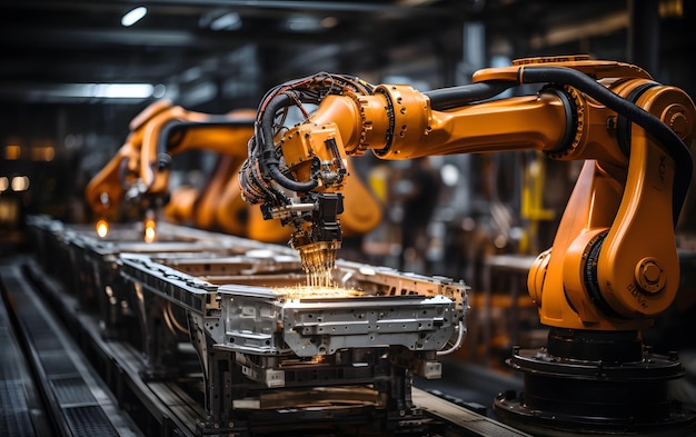 schwere Automatisierungsroboterarmmaschine in der futuristischen Smart-Factory-Industrie