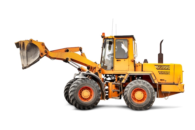 Foto schwerer frontlader oder bulldozer auf einem weißen isolierten hintergrund baumaschinen transport und bewegung von schüttgütern großer eimer für erdsand und kies