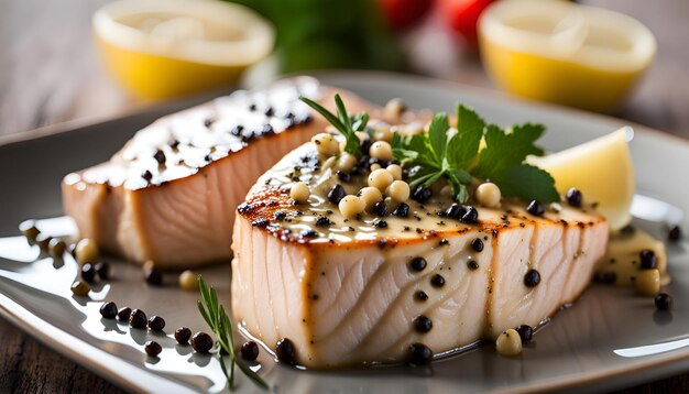 Foto schwertfischsteaks mit pfefferkornbutter