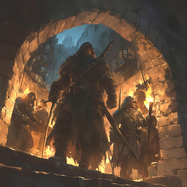 Schwerthändige Krieger in einer dunklen Fantasie-Umgebung