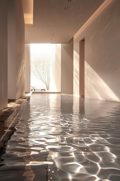 Schwimmbad im hellen modernen minimalistischen Innenraum mit weichem Sonnenlicht