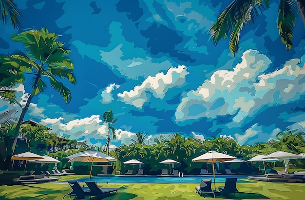 Schwimmbad mit Liegestühlen und Regenschirmen im Resort