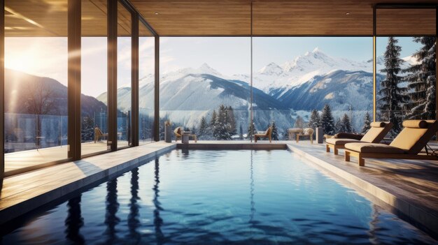 Schwimmbad mit Panoramafenstern in einem ökologischen Chalethotel mit Blick auf ein alpines Skigebiet