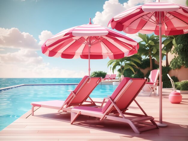 Schwimmbad mit Sonnenschirm und Stühlen Rosa Sommerferienkonzept 3D-Rendering Leuchtend
