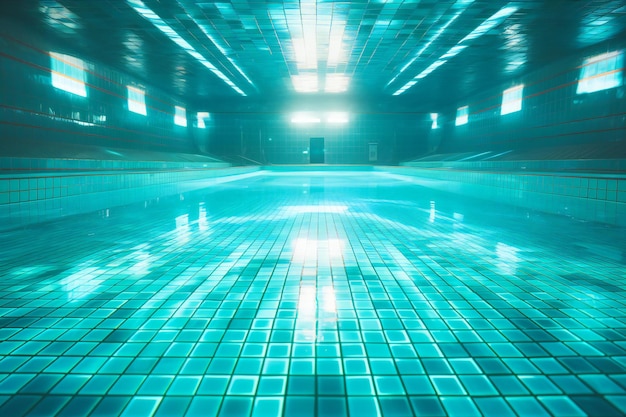 Schwimmbadinterieur mit grünen Fliesen und blauem Licht