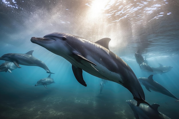 Schwimmen mit Delfinen in einer geschützten Meeresumgebung, die mit generativer KI geschaffen wurde