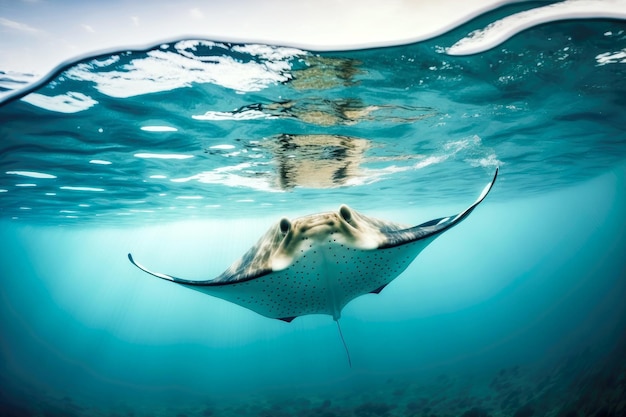 Schwimmend auf der Wasseroberfläche karibischer Mantarochen im Meer