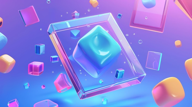 Schwimmende 3D-Glasmorphismus-Quadratplatte mit geometrischen Formen auf einem gradienten Hintergrund aus Blau und Lila