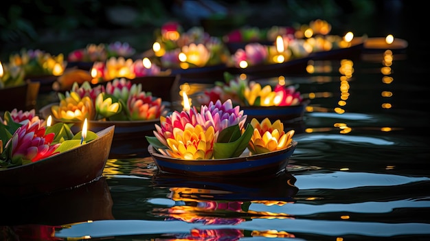 Schwimmende Blumen in einem Teich mit einem Boot und einem Boot mit der Spiegelung der Blumen.